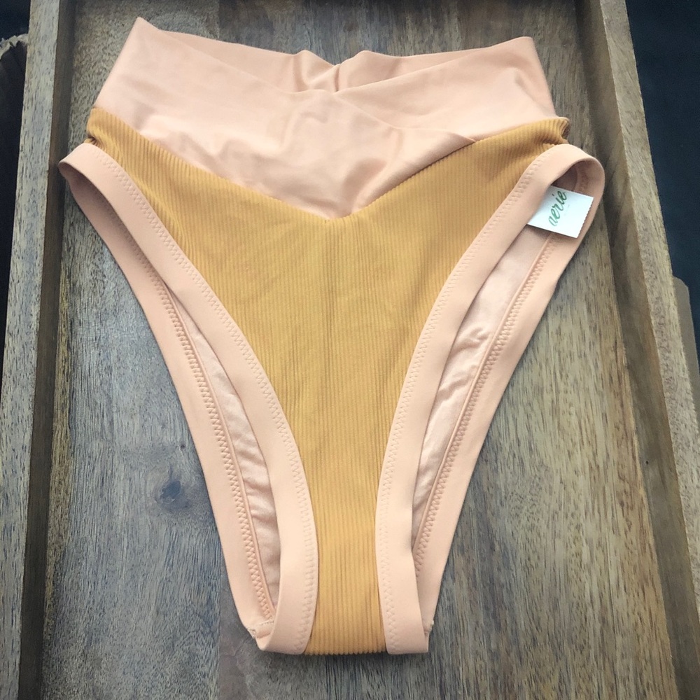 aerie High-Waist Bikini Bottom in Peach and Mustard